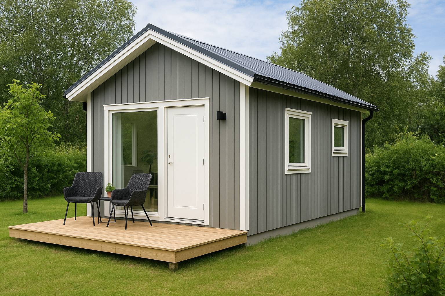 Ett modernt grått attefallshus med vita detaljer och svart tak, placerat på en grön gräsmatta. Framför huset finns en liten träaltan med två stolar och ett bord, omgivet av träd och buskar i en lugn trädgårdsmiljö.